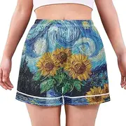 [RPLIFE] Starry Night Sunflowers Blue Women Boxer Shorts Pajamas, Cute Comfy Shorts for Women Loose Fit, Ladies Summer Pajamas
