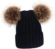 [FOMIYES] Knitted Hat for Years Warm Earflap Design with Fluffy Balls Unisex Accessory for Boys for Outdoor Activities in Black