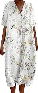 [Generic] Ladies Dresses Plus Size - Linen Summer Dresses - Casual Flowing Dress with Pockets V Neck Dress Beach Dresses Plus Size Maxi Dresses Elegant Bohemian Style Maxi Dresses Long Summer Dresses