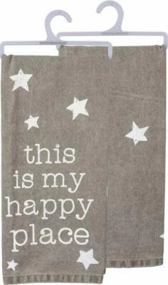 Primitives By Kathy Flour Sack Dish Towel ~ This is My Happy Place Gray w/Stars