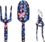 Pack of 3 Butterfly Floral Printed Garden Tool Set - Pruning Shears, Hand Rake,