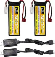 2PCS 3S Lipo Battery 11.1V 3000mAh 35C with T Plug and USB Charging Cable Suitable for RC Car, Truck, Remote Control Boat, RC Quadcopter Aircraft, FPV Drone Battery