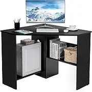 Compact Corner Desk, Corner Study Working Table, Space-Saving, w/ Bookshelves & Cable Hole & Host Storage Shelf, Triangle Computer Desk Writing Workstation, Ideal for Limited Space, Home, Office, Living Room, Bedroom, Black/White (Black)