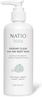 Natio Australia Kids Squeaky Clean Hair and Body Wash 250ml - Dermatologically Tested Body Wash for Kids - Sweet Orange, Grapefruit, Lavender & Patchouli - 2 in 1 Bath & Hair Wash - Made in Australia
