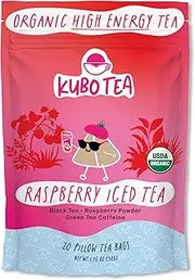 Kubo Tea, Organic High Energy Ice Tea, High Caffeine Blend, 20 Servings (155mg Caffeine each), Pillow Tea Bags, Kraft Packaging, Healthy Coffee Substitute (Raspberry)