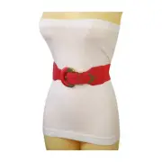 Women Coral Faux Leather Elastic Holidays Collection Belt Round Gold Buckle S M