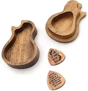 Wood Picks Holder 6.5x4.5x1.4cm Guitar Pick Storage Box Portable Engraved Plectrum Collector with 2pcs Wood for Guitar Lovers