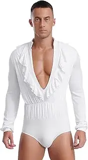 [TiaoBug] Men Long Sleeves Ruffles Deep V-neck Latin Ballroom Dance Shirts Suit Chacha Rumba Samba Leotard Top