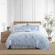 [Laura Ashley] Quilt Set, Super Soft Bedding with Matching Shams, Casual Home Decor (Quartet Ruffled Blue, Queen)