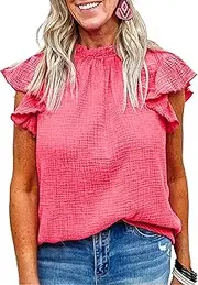 [Zylphorix] Women Lotus Leaf Sleeve Pleated T-Shirt Solid Color Crewneck Ruffle Sleeve Top Round Neck Cotton Blouse Tee