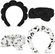 4pcs Skincare Headband For Washing Face Spa Makeup Face Wash Bow Headband Cute Printed Puffy Microfiber Sponge Bubble Headband Hair Accessories Women Girls (Style 1, One Size)