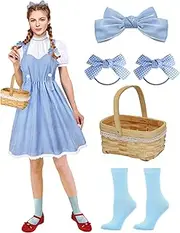 [Cosrea] Women's Puff Sleeve Blue Gingham Dress with Bows Socks Wicker Basket Halloween Book Character Costumes for Adults