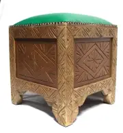 Footstool Handmade Carved Wood Green Leather Top Vanity Stool Moroccan