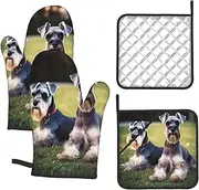 4 pcs Oven Mitts and Pot Holders Set 500°F Heat Resistant Oven Gloves and Hot Pads Kitchen Mittens Adult Schnauzer Dogs Cooking Gloves Potholders for Baking Grilling
