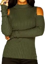 [TYQQU] Women’s Casual Autumn Turtleneck Sweater Long Sleeve Solid Color Jumper Cold Shoulder Knitted Pullover