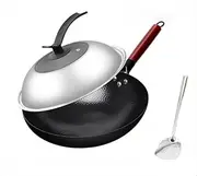 Carbon Steel Wok, 32cm Frying Wok Pan for Electric Induction, Wok Cookware with Stainless Steel Lid, XICEN No Chemical Coated Chinese Wok Pot Pan Kitchenware with Spatula & Accessories for Induction