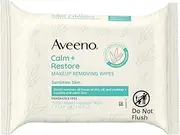 Aveeno Calm + Restore Unscented Makeup Remover Face Wipes, Fragrance Free Facial Cleansing Towelettes with Oat Extract & Calming Feverfew Leave Skin Feeling Soothed, Alcohol Free, 25 ct