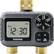 Insoma 2-Zone Water Timer Brass Inlet/Outlet, Programmable Outdoor Hose Faucet Timers with Auto/Manual Modes + Rain Delay, Waterproof Sprinkler Timer for Garden, Lawn, Yard, Pool | Save Water & Money