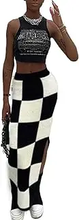 [SHIPPOOOU] Women High Waist Plaid Elastic Long Skirts Side Split Knit Bodycon Midi Skirt