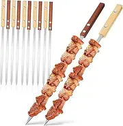 12Pcs BBQ Skewers Stainless Steel Flat Grilling Skewers with Wooden Handles for Outdoor Barbecues Camping and Picnics Durable Easy to Clean Kebab Sticks