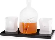 SPARTAN HELMET Whiskey Decanter Set 2 Frosted Glasses & Wooden Board ( NEW )