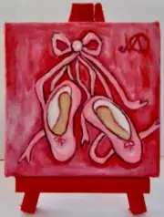 Acrylic Painting on 4"x4" Canvas w/Easel Pink Pointe Slippers by Marilyn Oliveri