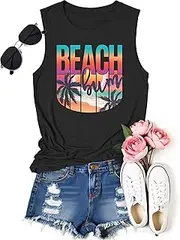 [BQG] Womens Coconut Tree Beach Tank Tops Summer Shirts- Loose Fit Running Vacation T-Shirt