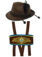 Lederhosen Mens Brown Oktoberfest Hat And Suspenders Costume Set