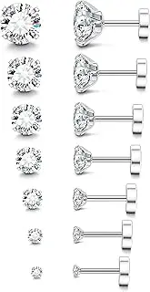 [Kakonia] 7-12Pairs 20G Hypoallergenic Brithstone Stud Earrings for Women Men Flatback Earrings Stainless Steel Cubic Zirconia Earrings Piercing Ear Cartilage
