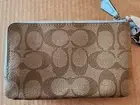 Coach Brown Tan, light blue Coin Purse Leather Signature Wristlet Handbag Clutch