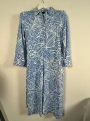 Talbots Womens Blue & White Floral 1/2 Button Shirt Dress Medium Stretch New