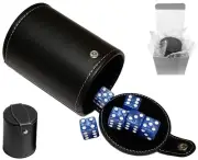 (6) Blue Marbleized Dice + PU Leather Black Felt Lined Dice Cup w/Compartment