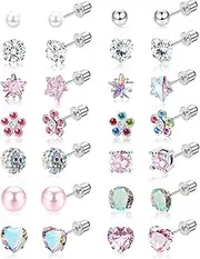 [Kakonia] 14 Pairs Hypoallergenic Screw Back Stud Earrings for Women Surgical Steel Tiny CZ Pearl Ball Heart Flower Screwback Earrings Studs Set Multicolored Pink