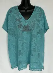 Chicos Womens Lace Poncho Aqua V-neck Top Fringe Shirt Size S/M NWT NEW $119