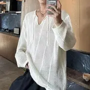 Long-Sleeve Notch Neck Plain Pointelle Knit Top White - 2XL