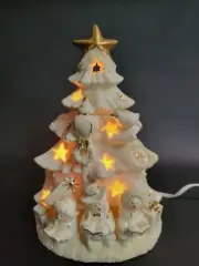 9.25" Ceramic Christmas Tree Electric Lighted White Gold Trim Snowmen Carolers