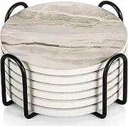 LIFVER Drink Coasters with Holder, Absorbent Coaster Sets of 6, Marble Style Ceramic Drink Coaster for Tabletop Protection,Suitable for Kinds of Cups, Wooden Table, Cool Home Decor, 4 Inches