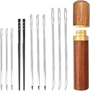 GSHLLO 11 Pcs Leather Sewing Needles Kit Large Eye Straight Stitching Needles Bent Tip Tapestry Needle Leather Lacing Cord Needle with Wooden Needle Case for DIY Projects