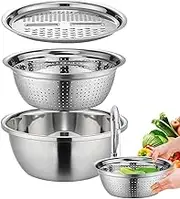 German Multifunctional Stainless Steel Basin - Colanders Basin Mixing Bowl Set | Salad Maker Bowl with Drain Basket, Vegetable Cutter, and Grater Strainer