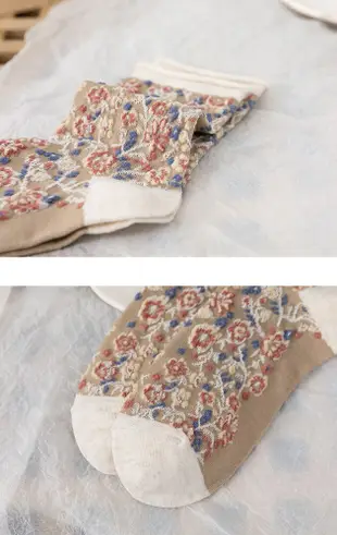 OT SHOP[現貨]襪子 中筒襪 精梳棉 森林系緹花 捲邊 日系文藝風 復古文青 四色 M1086 (4.5折)