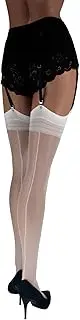 [JUST BEAUTY TOUCH] Thigh High Sheer Stockings for Garter Belt with Back Seam - Women 20 Denier Lingerie Socks with Patterned Top (Garter Belt Not Included)