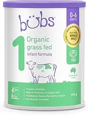 Bubs Organic Grass Fed Infant Formula Stage 1, Baby 0-6 Months, Made with Non-GMO Organic Milk, 800g