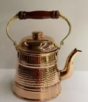 Hammered Copper Teapot Turkish Stovetop Tea Kettle with Wooden Handle 2 Liters