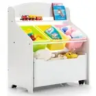 HONEY JOY Kids Wooden Cabinet Toy Storage Organiser Book Shelf w/Rolling Casters