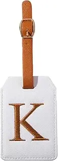 [CHOIEO] Initial Luggage Tag, PU Leather Baggage Tag, Monogrammed Luggage Tag, Letter Travel Tag, Bag Tag, ID Tag, Travel Accessory Luggage Identifier (White Leather+Brown Letter, K Letter)