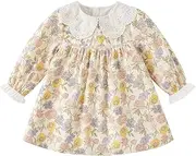 [DAVE & BELLA] Baby Girl Dress Long Sleeve Floral Toddler Girls Smocked Sundress Cotton Playwear Vintage Princess Dress