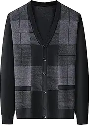 [SWJGLITTR] Men V Neck Sweater Cardigan Buttons Argyle Pattern Mens Cardigans Wool Blend Cable Knit Sweaters Jacket, A5 Gray, Medium