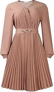 [GHAKKE] 2025 Spring Fashion Pleated Hem Flowy Midi Dress for Women Casual V Neck Long Sleeves A-line Big Swing Party Dress