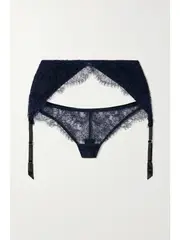 [COCO DE MER] COCO DE MER - + Killing Eve Paris Leavers Lace, Tulle And Satin Suspender Belt And Briefs - Navy - large large Blue