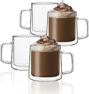 CNGLASS 15.2oz(450ml) Glass Coffee Mugs,Double Wall Insulated Glass Mugs with Handle,Clear Espresso Mugs for Latte,Cappuccino,Tea Bag,Set of 4